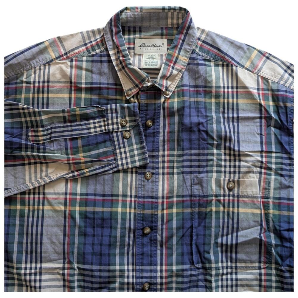 Eddie Bauer Shirt Mens XL Blue Green Plaid Button Down Long Sleeve Casual Cotton